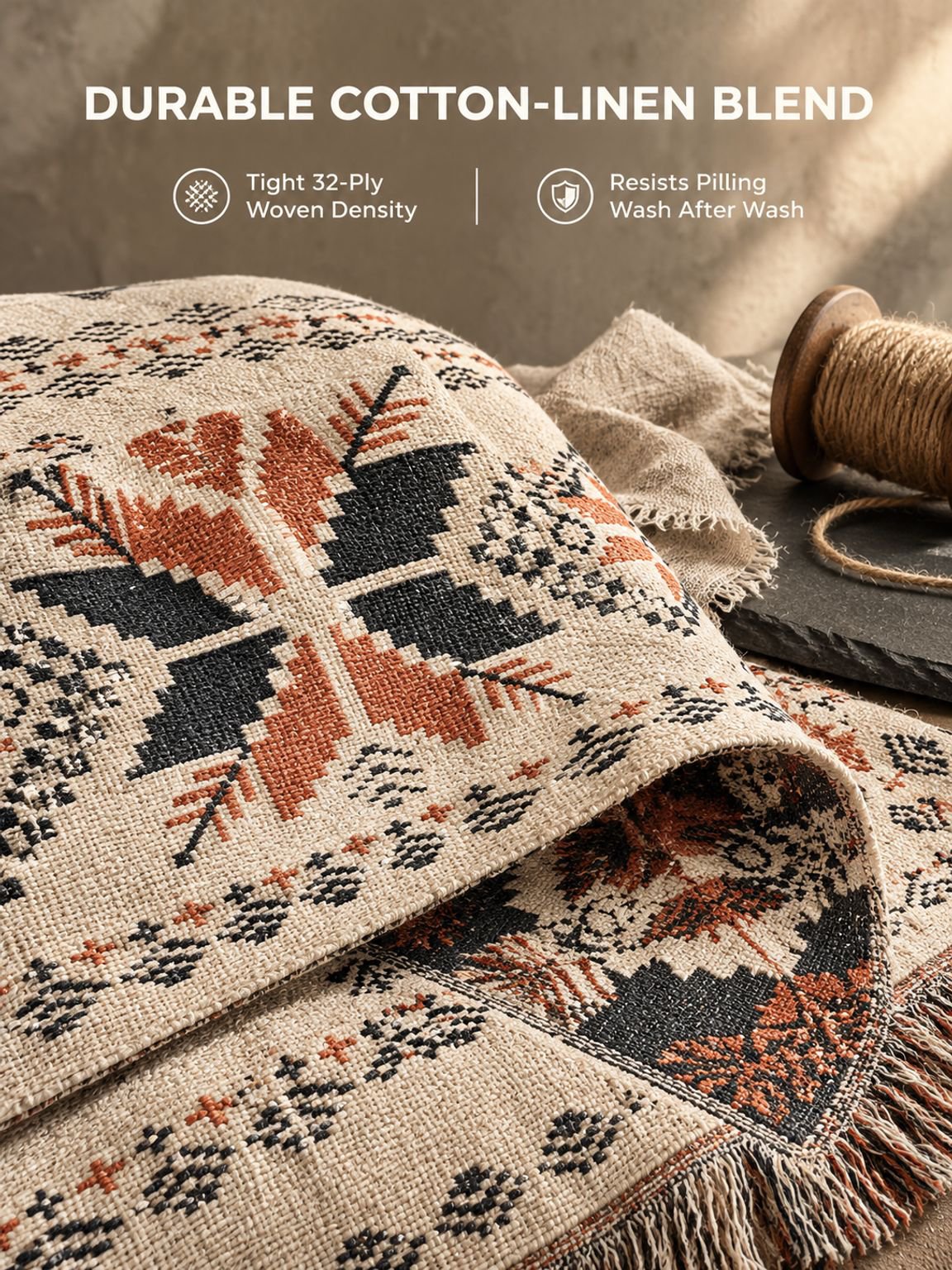 Decorative sofa throw blanket adding a cozy rustic touch to the living room