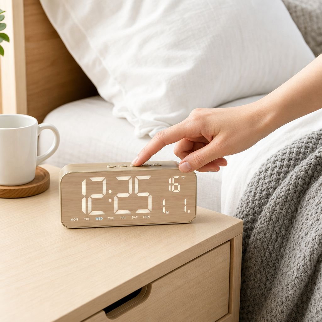 Stylish Nordic Woodgrain Fabric Table Clock with Large LED Display, Date and Day of the Week