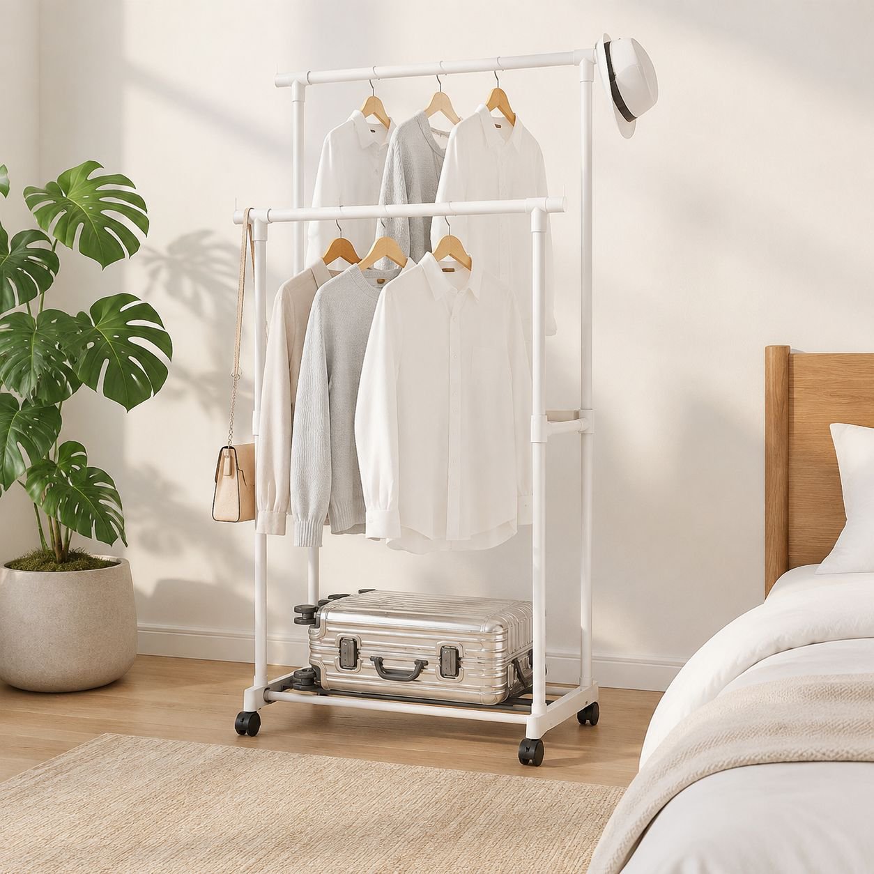 Multi-layer Clothes, Shoe, and Hat Storage Rack with Pulley