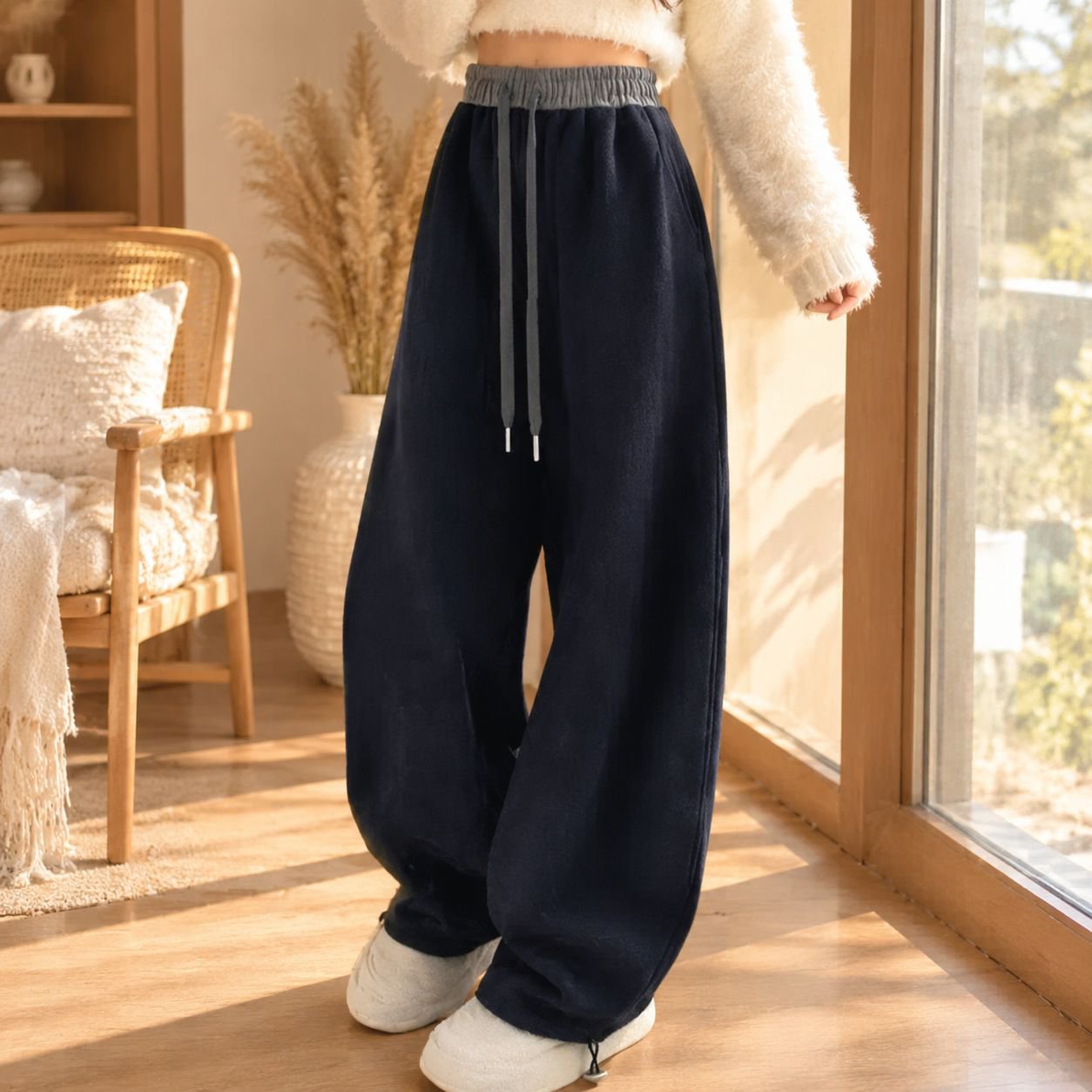 レディースハイウエストワイドレッグスウェットパンツ