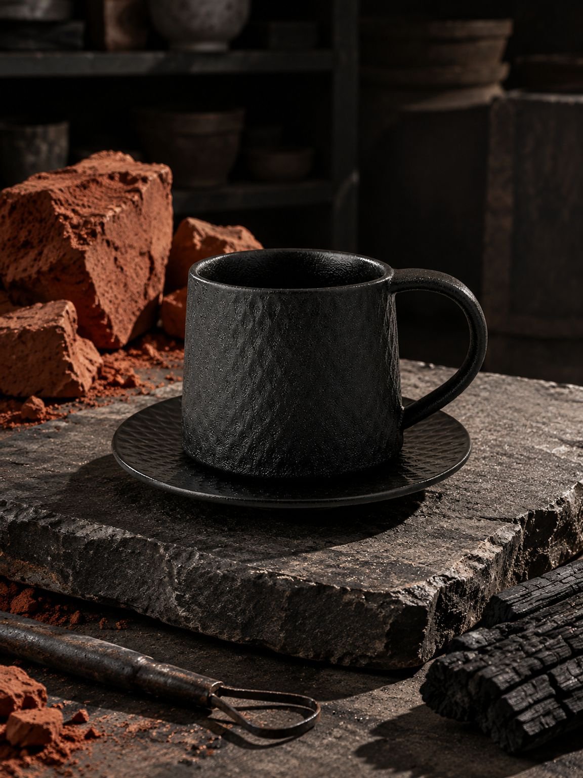 Top-down flat lay view of vintage stoneware coffee cup with saucer and roasted coffee beans