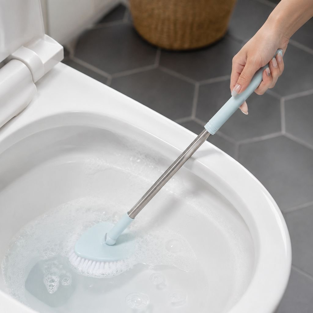 Long handle brush reaching hard-to-clean bathroom corners