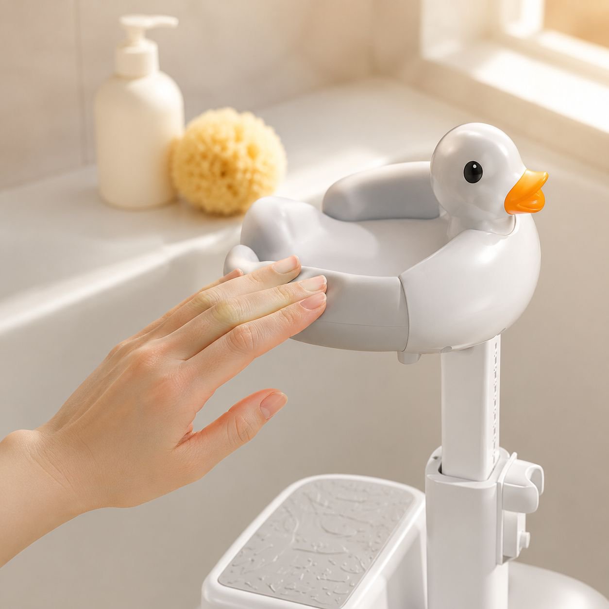 Baby enjoying bath time in infant bath seat