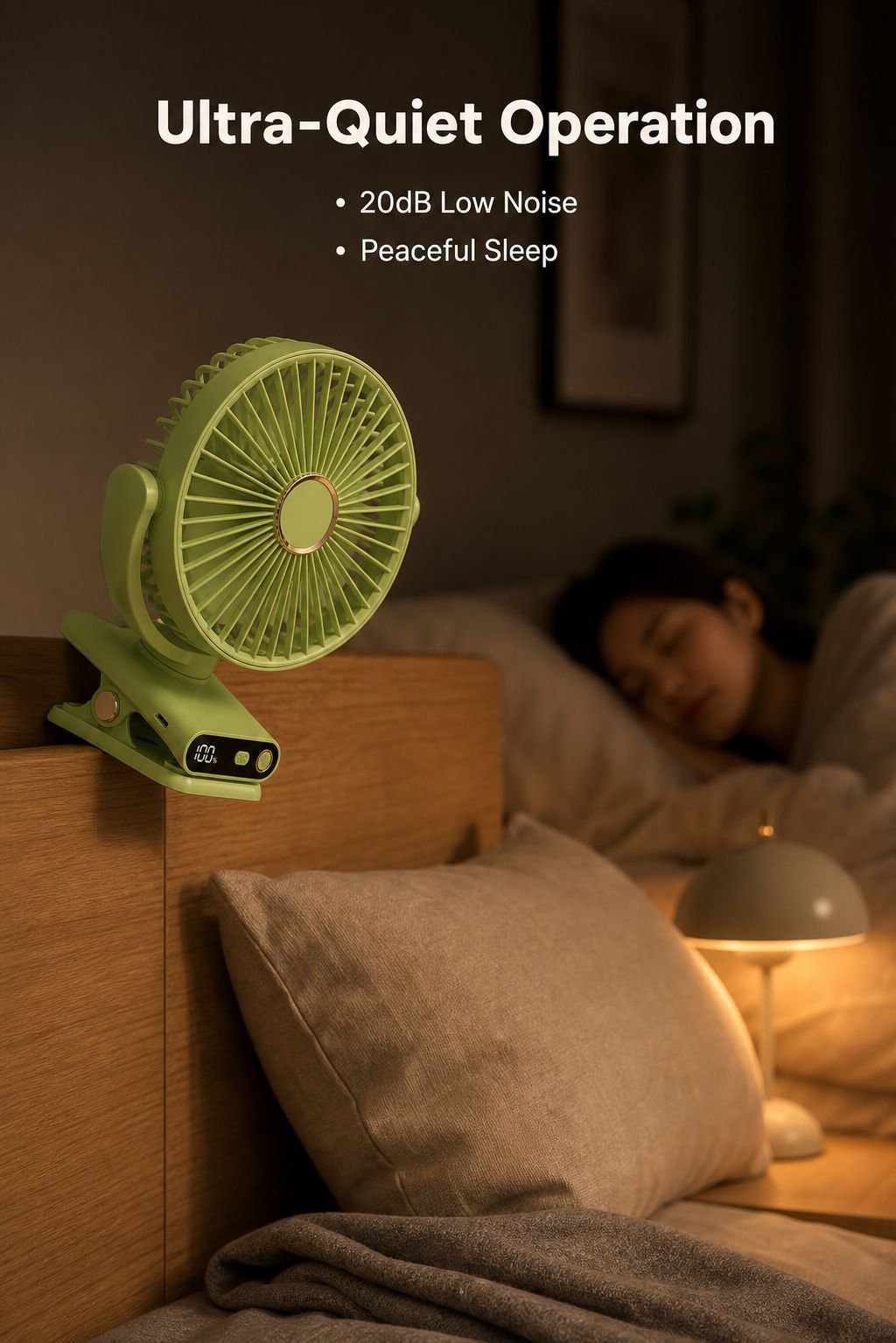 Desktop clip-on fan with automatic oscillation, USB charging, digital display, silent night light, p