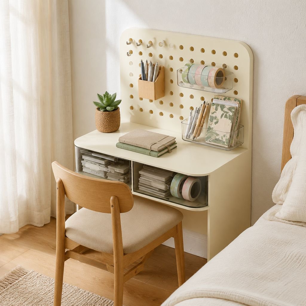 Escritorio estante de almacenamiento vertical tablero de agujeros estilo crema dormitorio hogar mesa