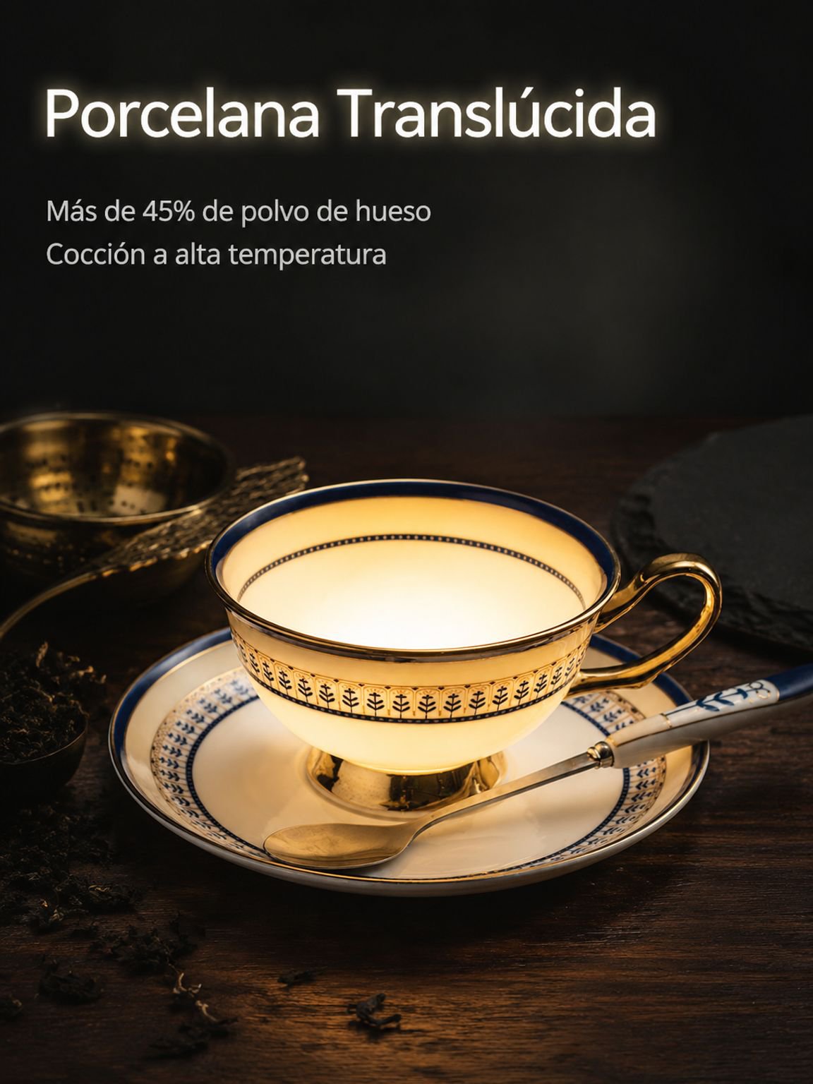 Taza de té de porcelana inglesa con borde dorado