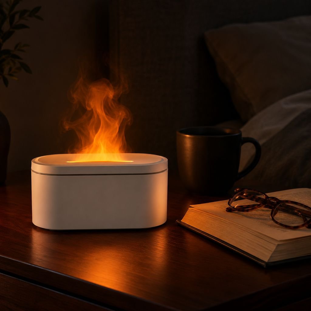 Flame effect humidifier creating soothing atmosphere
