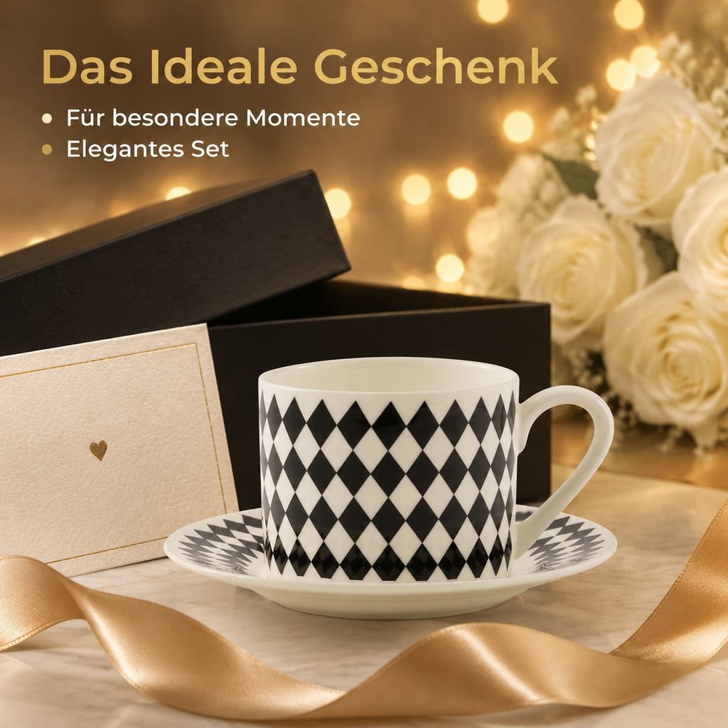 Knochenporzellan-Kaffeetassen- und Untertassen-Set mit schwarz-weiss geometrischem Design