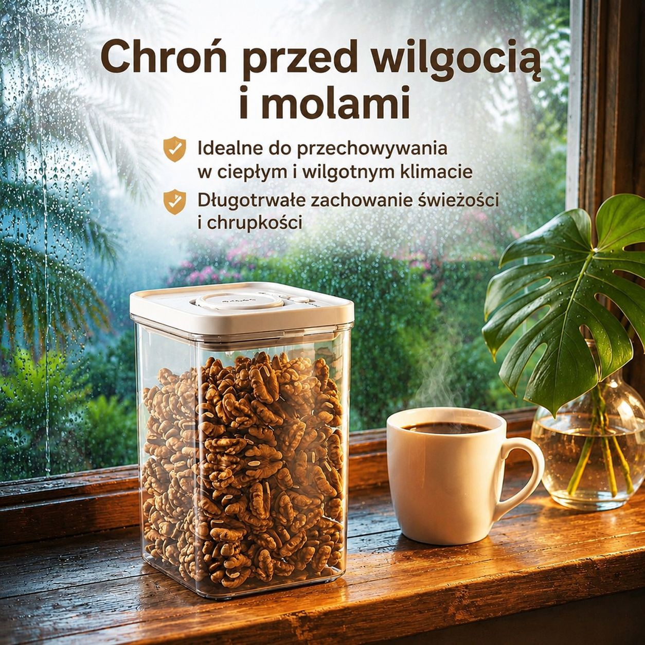 Plastikowy pojemnik na zboża z przyciskiem i szczelnym zamknięciem