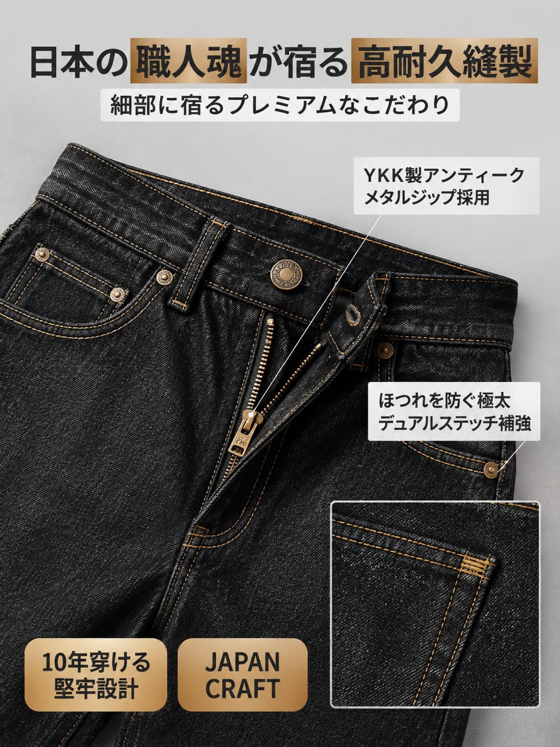 JASPO人間工学3D設計 14.5ozヴィンテージブラック ワイドフレアストレートデニムパンツ（脚長補正・無重力ドレープ）