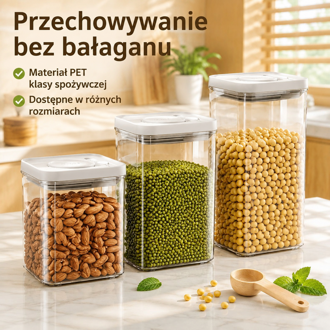 Plastikowy pojemnik na zboża z przyciskiem i szczelnym zamknięciem