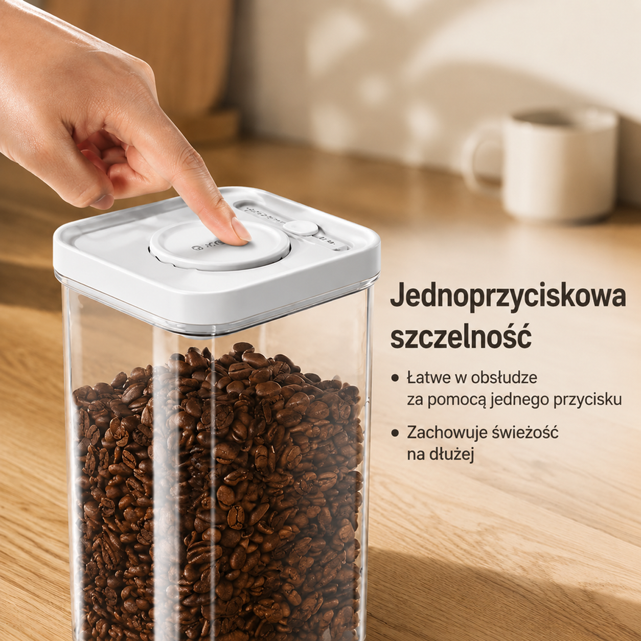 Plastikowy pojemnik na zboża z przyciskiem i szczelnym zamknięciem