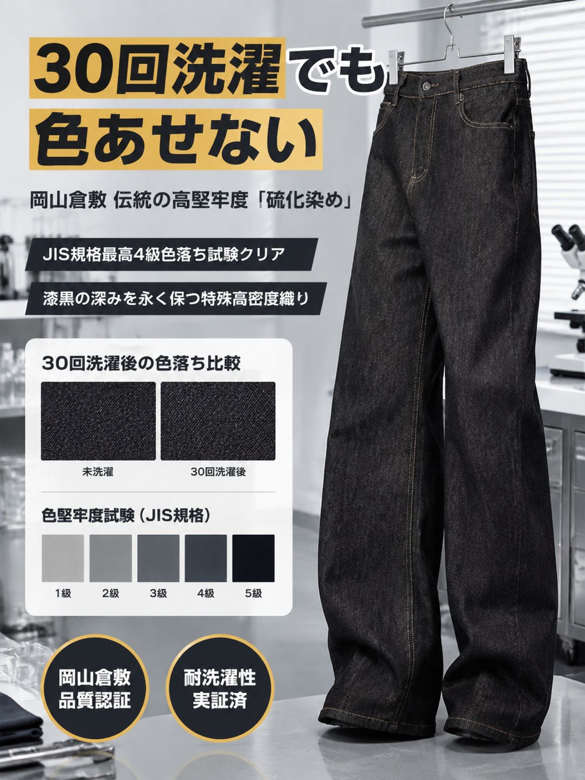JASPO人間工学3D設計 14.5ozヴィンテージブラック ワイドフレアストレートデニムパンツ（脚長補正・無重力ドレープ）