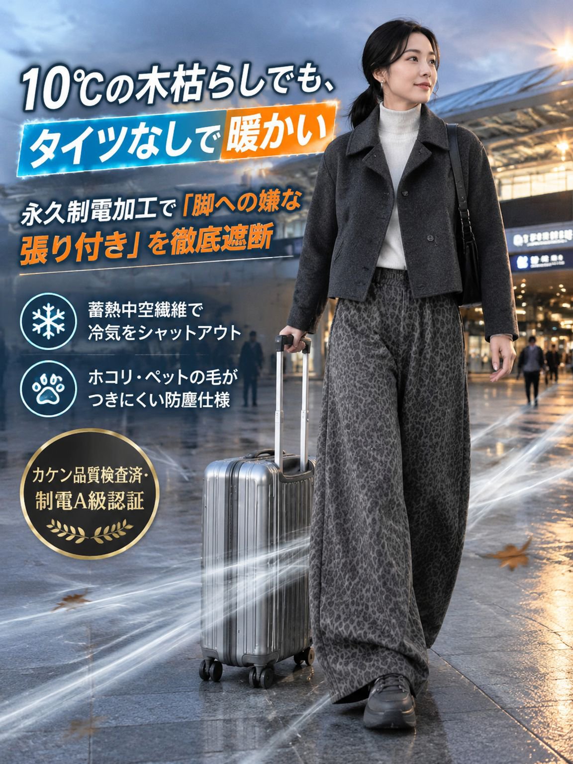 【瞬間-7kg錯覚】蓄熱温感×形状記憶ドレープ・無重力シャイニーレオパード美矯整ストレートパンツ