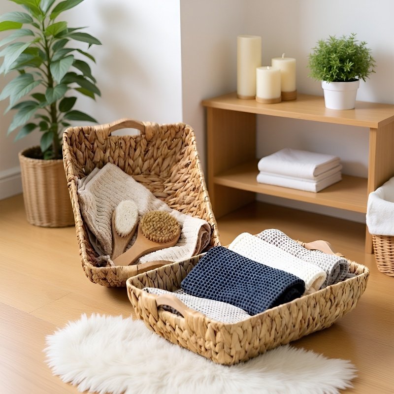 Handwoven wicker storage basket made of water hyacinth and straw