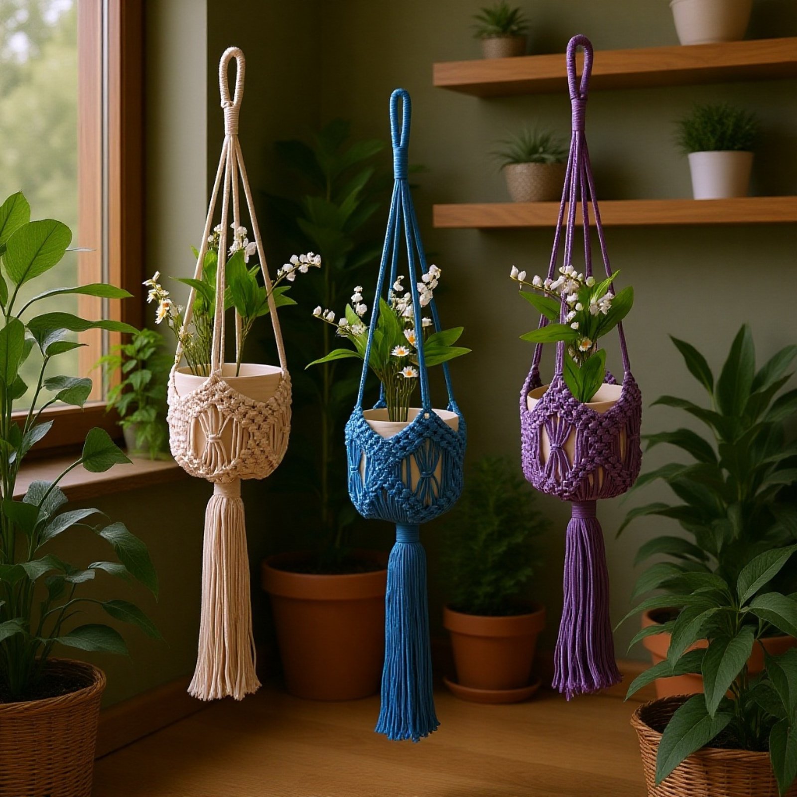 吊り下げ用手編みプランターネットバスケット