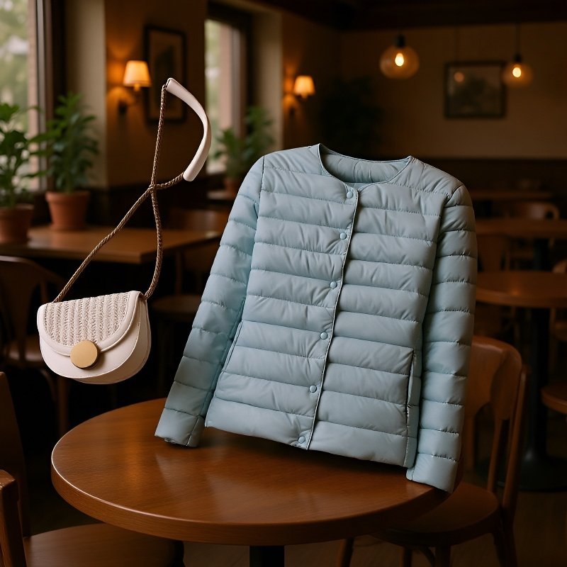 メンズ向けノーカラーダウンジャケットスタイル