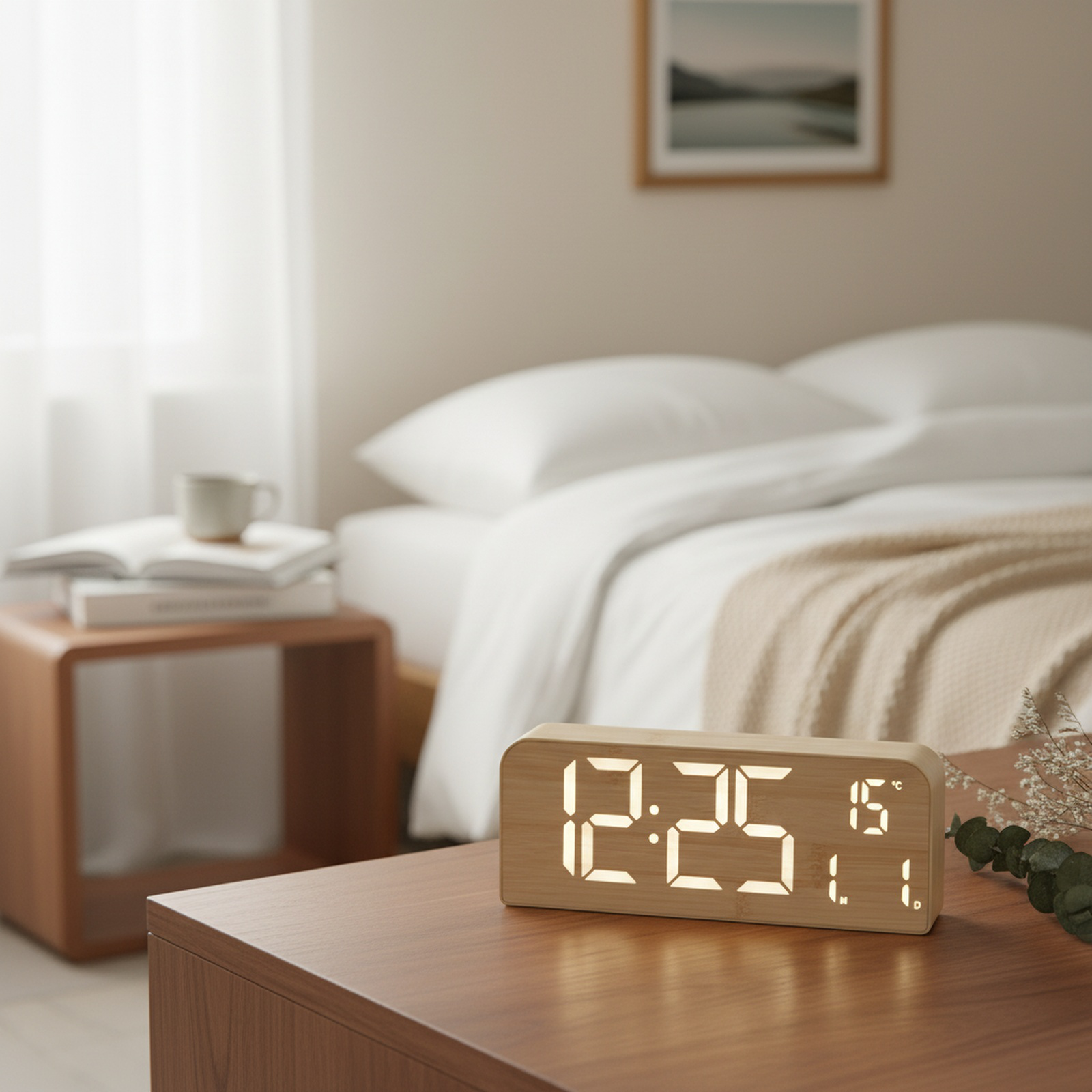 Elegante LED-Uhr mit natürlicher Holzmaserung