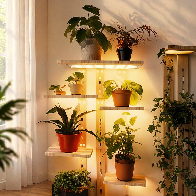 Comparación de plantas con y sin luz LED de crecimiento