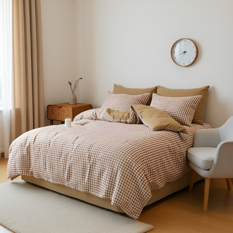 침구 순면 체크 시트 학생이 침대 시트를 측량하다 순면 체크 학생 침대 시트