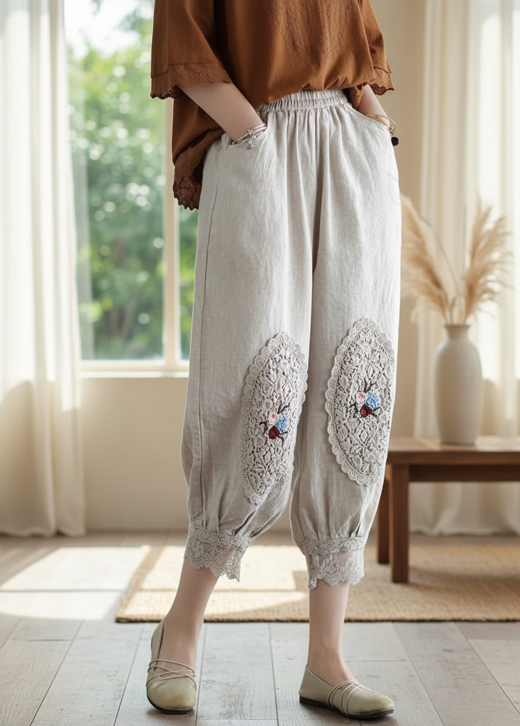 レース刺繍入りコットンリネンランタンパンツの全体画像