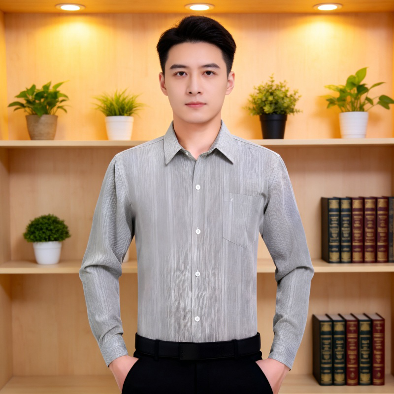 중장년 남성용 루즈핏 면마 긴팔 셔츠 전면 이미지