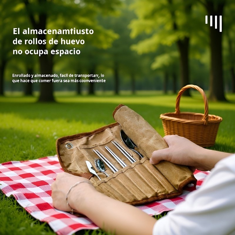  Juego de cubiertos de acero inoxidable con funda de lona encerada para exteriores