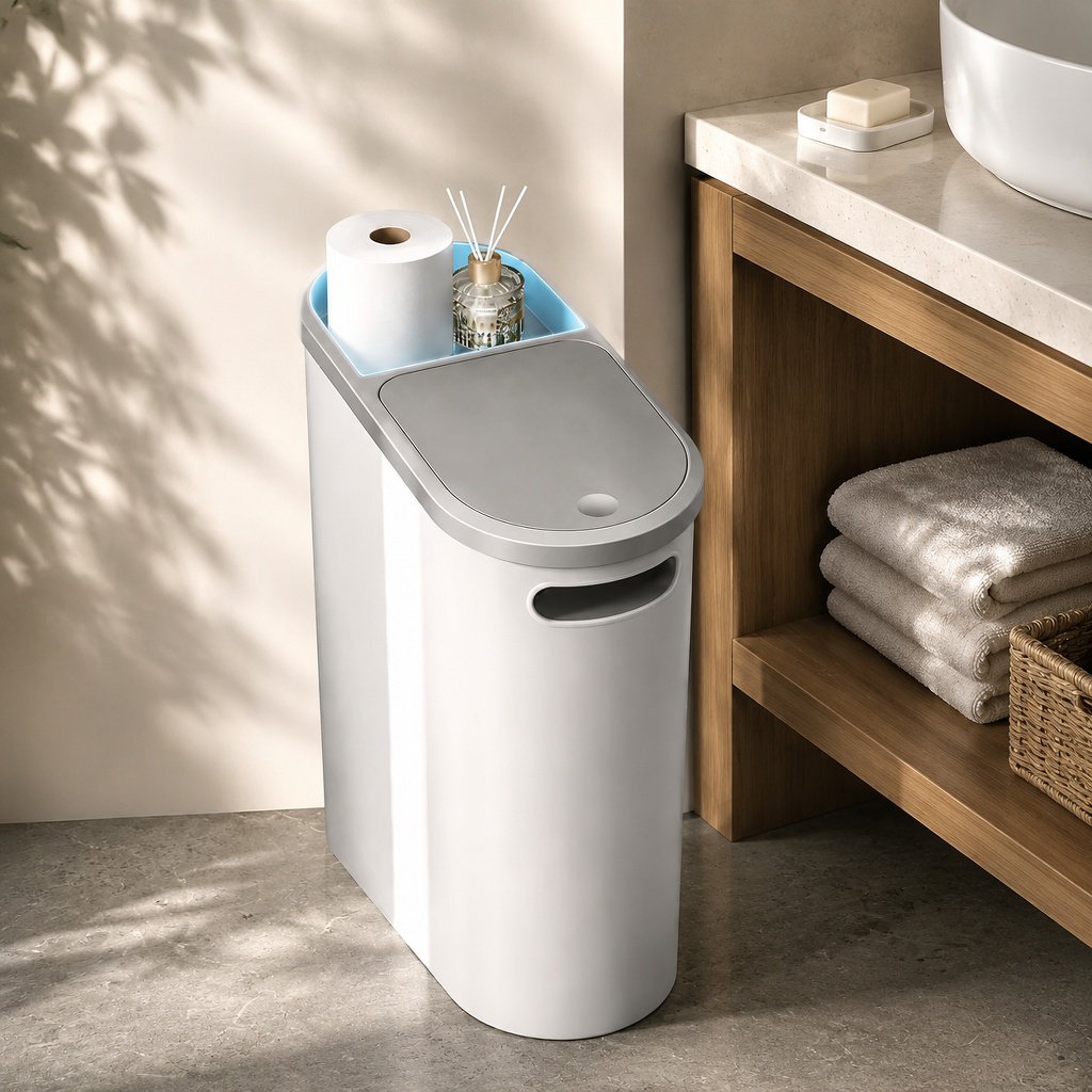 Modern press-to-open trash bin next to kitchen counter