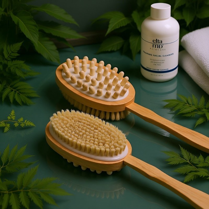 Double-sided boar bristle bath brush, long handle, powerful exfoliating back.