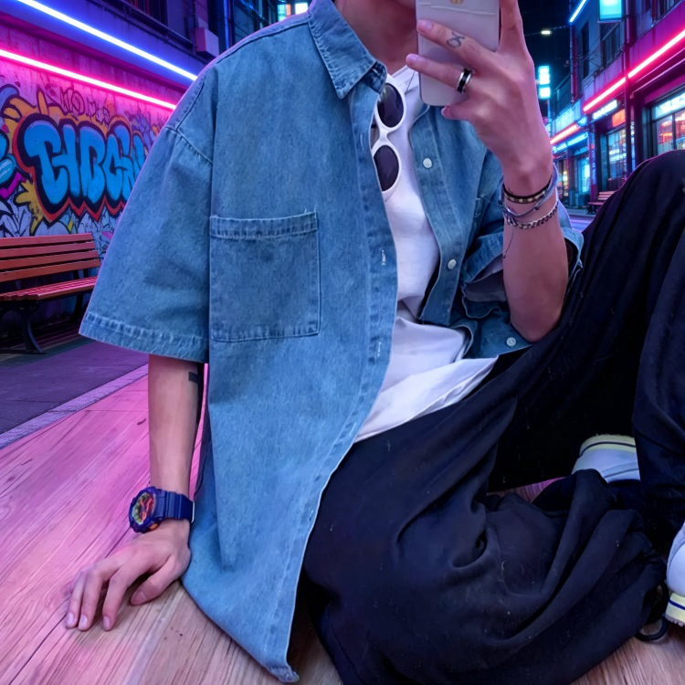 커플 데일리 셔츠 데님 소재