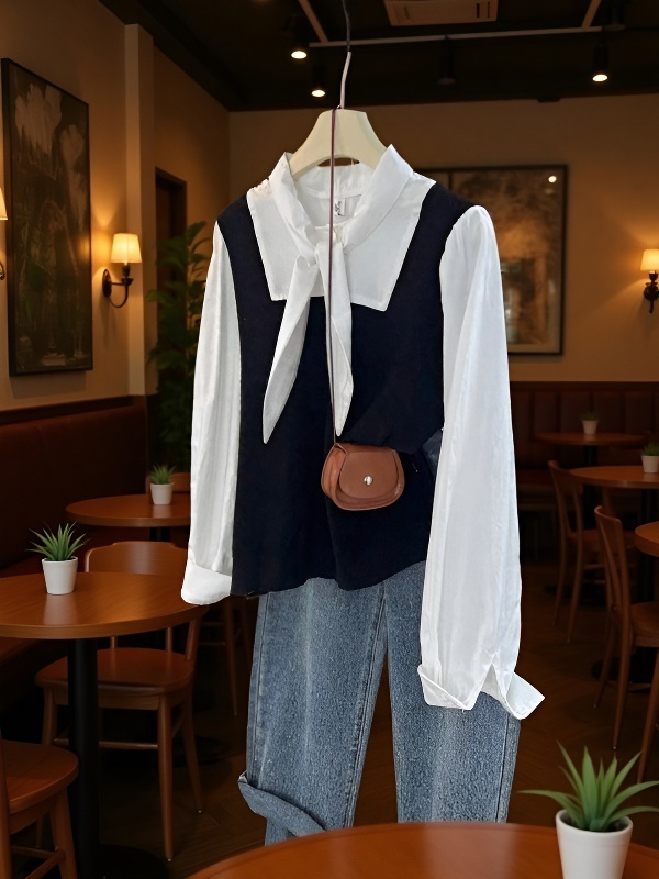 가디건 레이어드 니트 조끼 배색 긴팔 셔츠