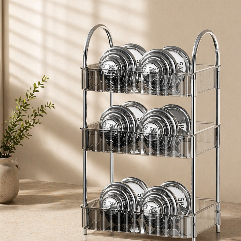 Rolling kitchen storage trolley holding cookware and utensils