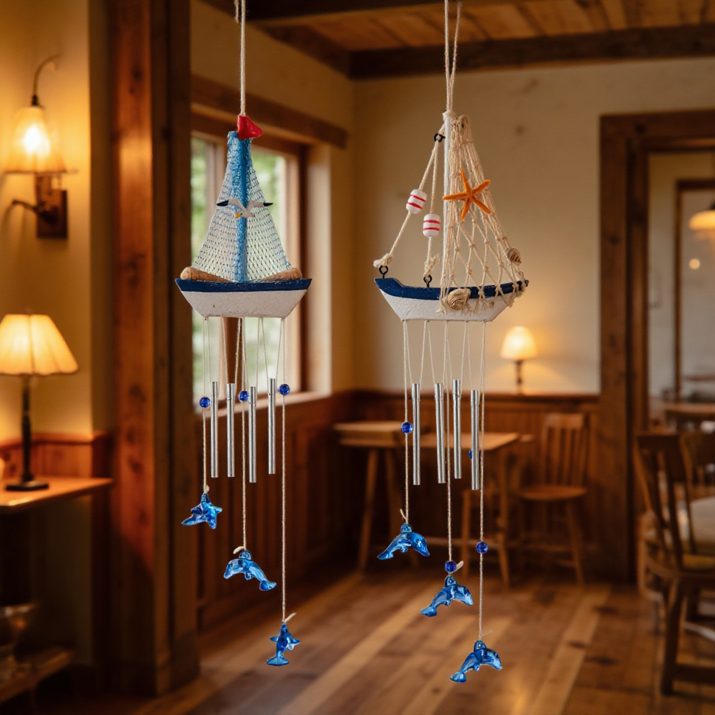 地中海風の風鈴、クリエイティブな風鈴、ボート、家庭用帆船の装飾、木製帆船模型、小型木製ボートの空中ペンダント