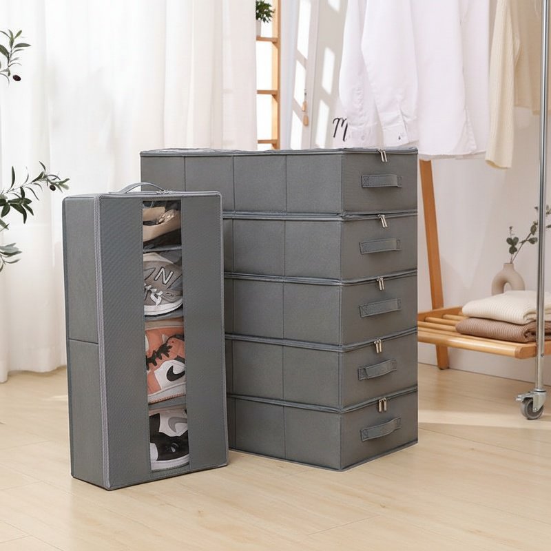 Under-bed storage box, foldable transparent fabric cover, for storing blankets, clothes, shoes, and 