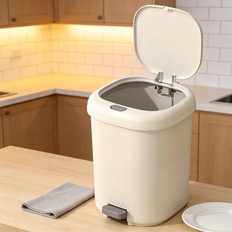 Вместительное мусорное ведро с ножным управлением и крышкой.