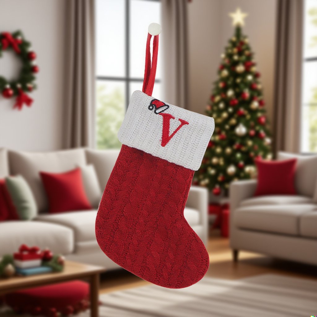 紅色毛線襪搭配聖誕樹裝飾