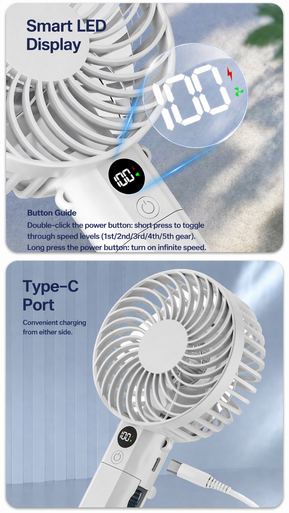 USB charging port on the portable mini fan