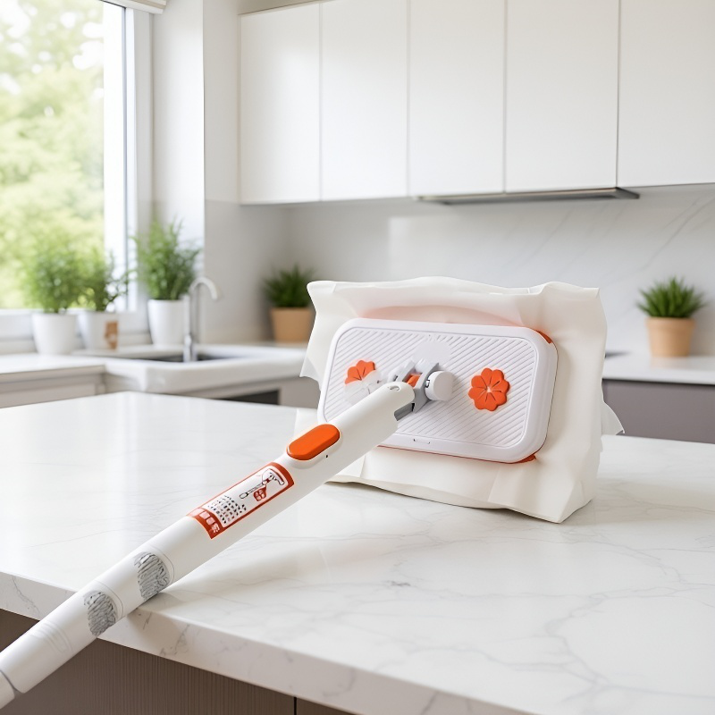 Trapeador con paño limpio y ordenado, herramienta conveniente para limpiar pisos