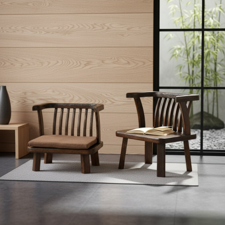 Chaise de balcon japonaise sans pieds en bois massif avec dossier