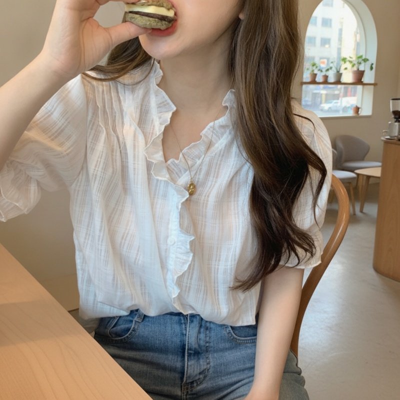 정교한 자수 순면 여성 셔츠