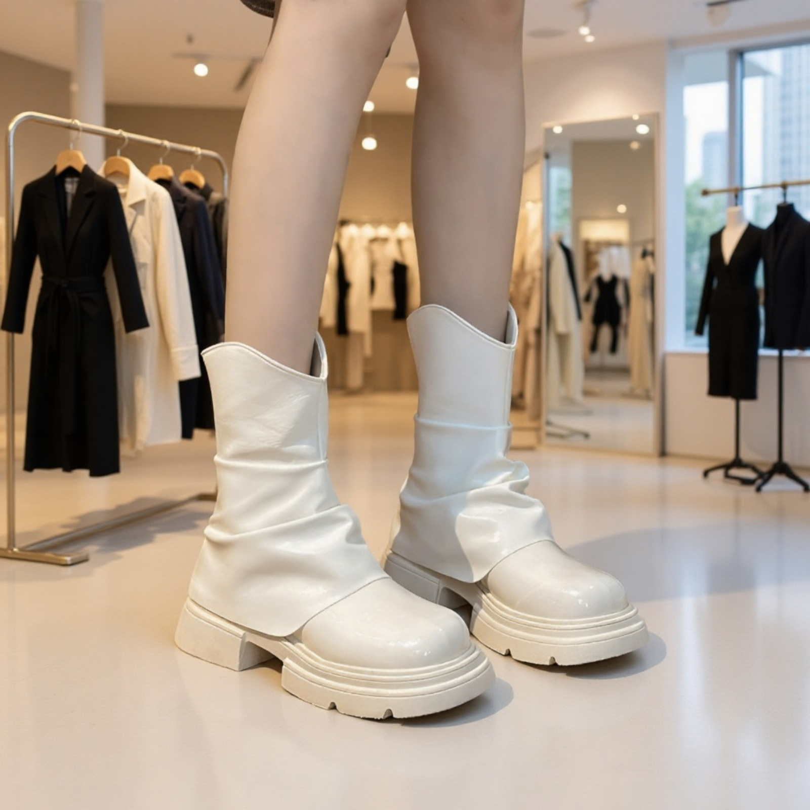 秋冬レディースミドルブーツ 丸いつま先万能ブーツ