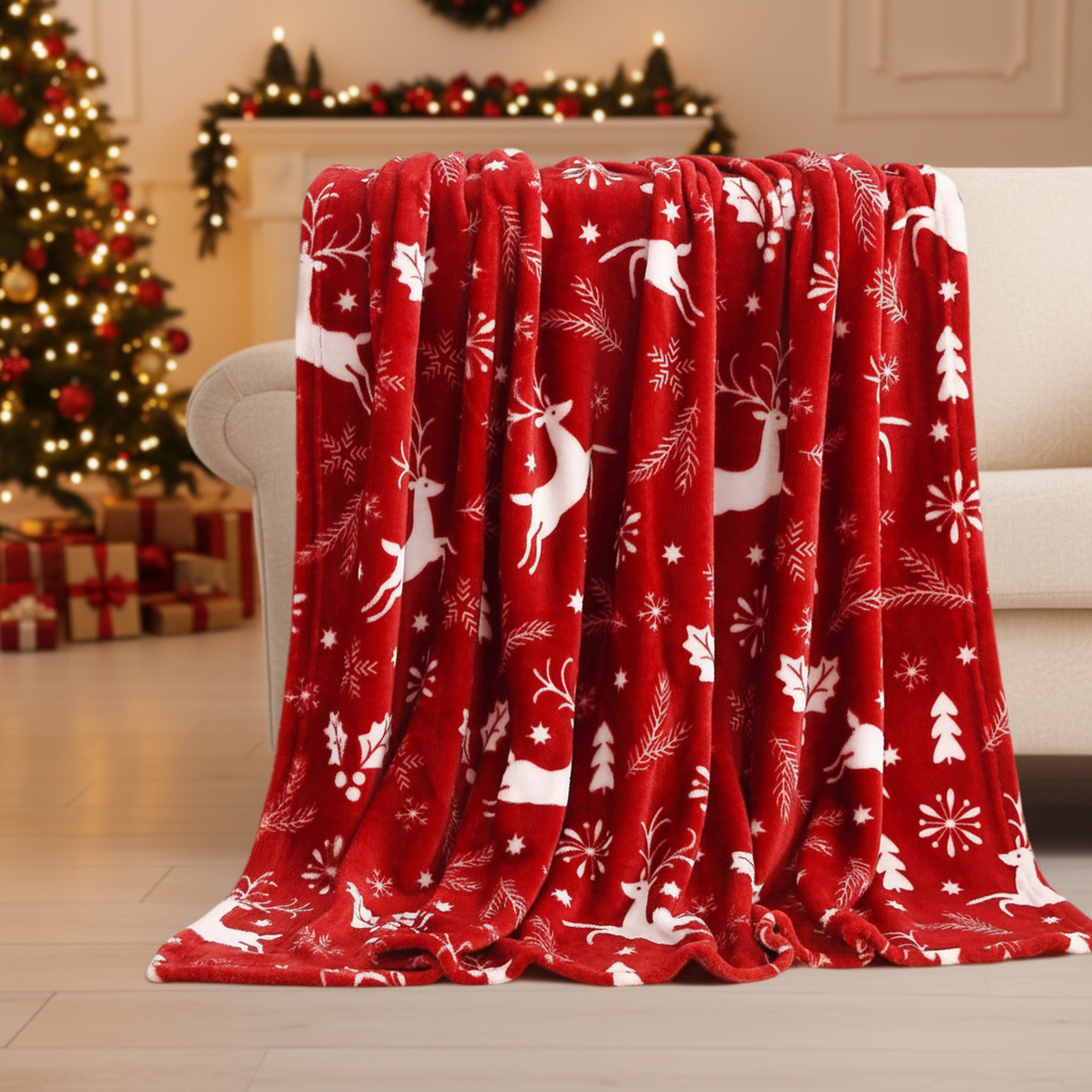 Luxurious burgundy flannel sofa cover for Christmas holidays