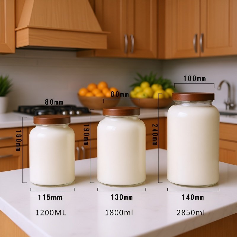 Szerokootwarty szklany pojemnik na ciasteczka z pokrywką z drewna akacjowego do kuchni