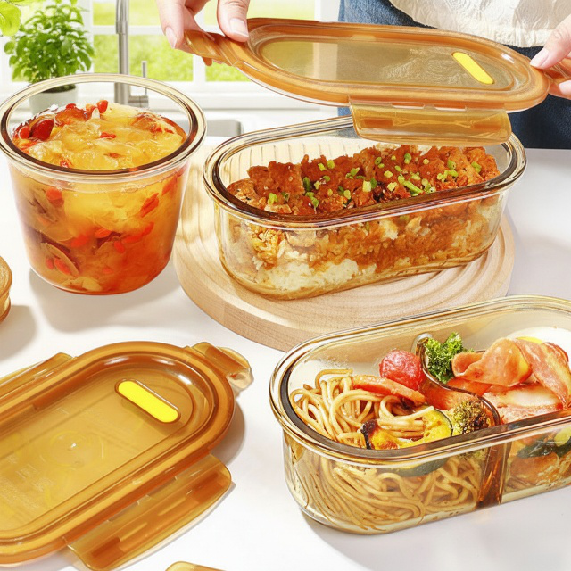X23033101FA-[Must-have für den Fettabbau] Bernsteinfarbene, hochhitzebeständige Lunchbox mit hohem B