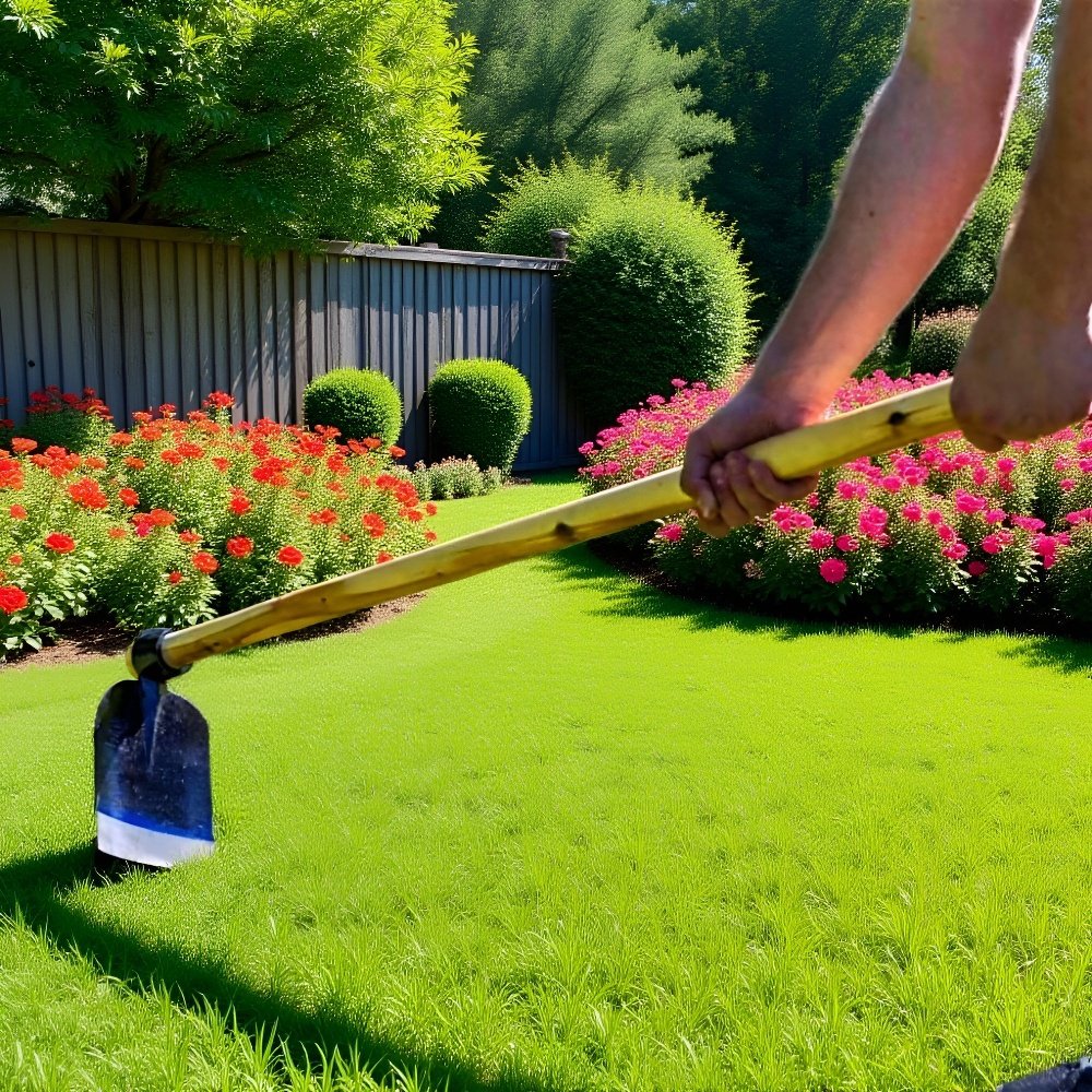 Magyar: Egyedi logóval ellátott, kovácsolt kerti gyomirtó kapa fa nyéllel