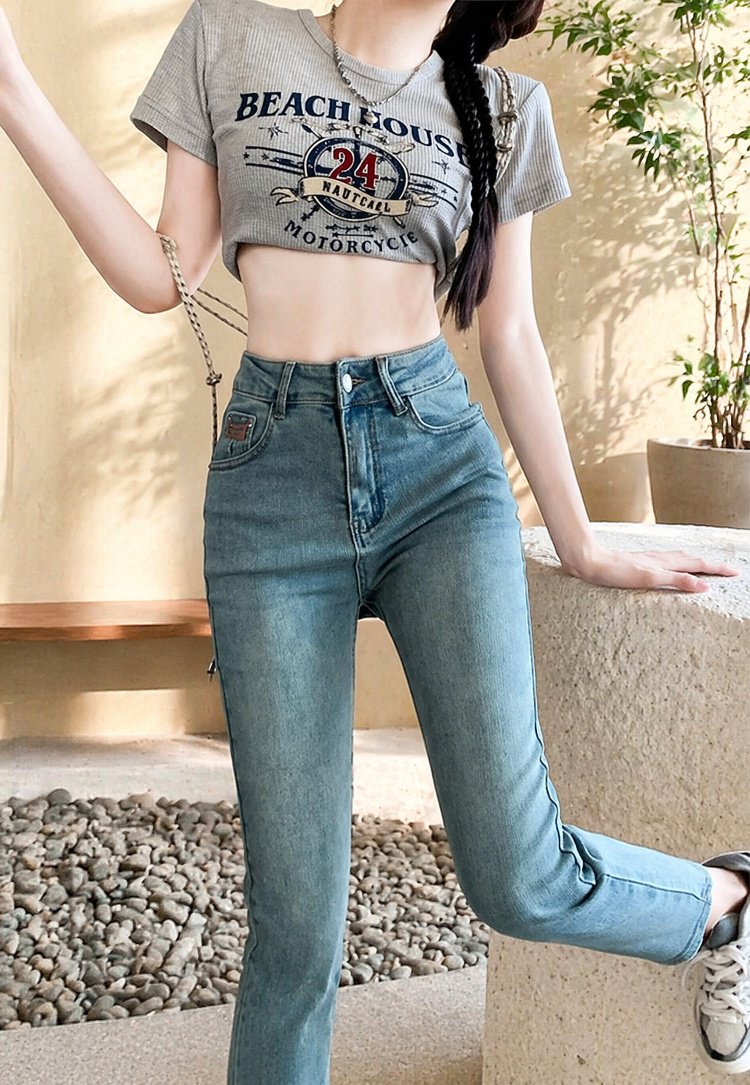 봄여름 여자 키 작은 9부 일자 청바지 빈티지 슬림 스판 스모크 진