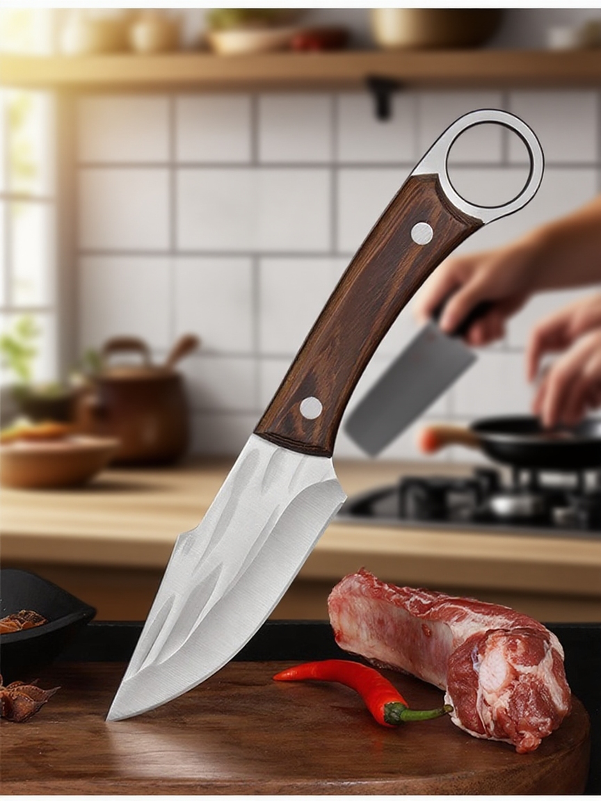 Starożytny kuty młotkowany nóż do trybowania na desce do krojenia