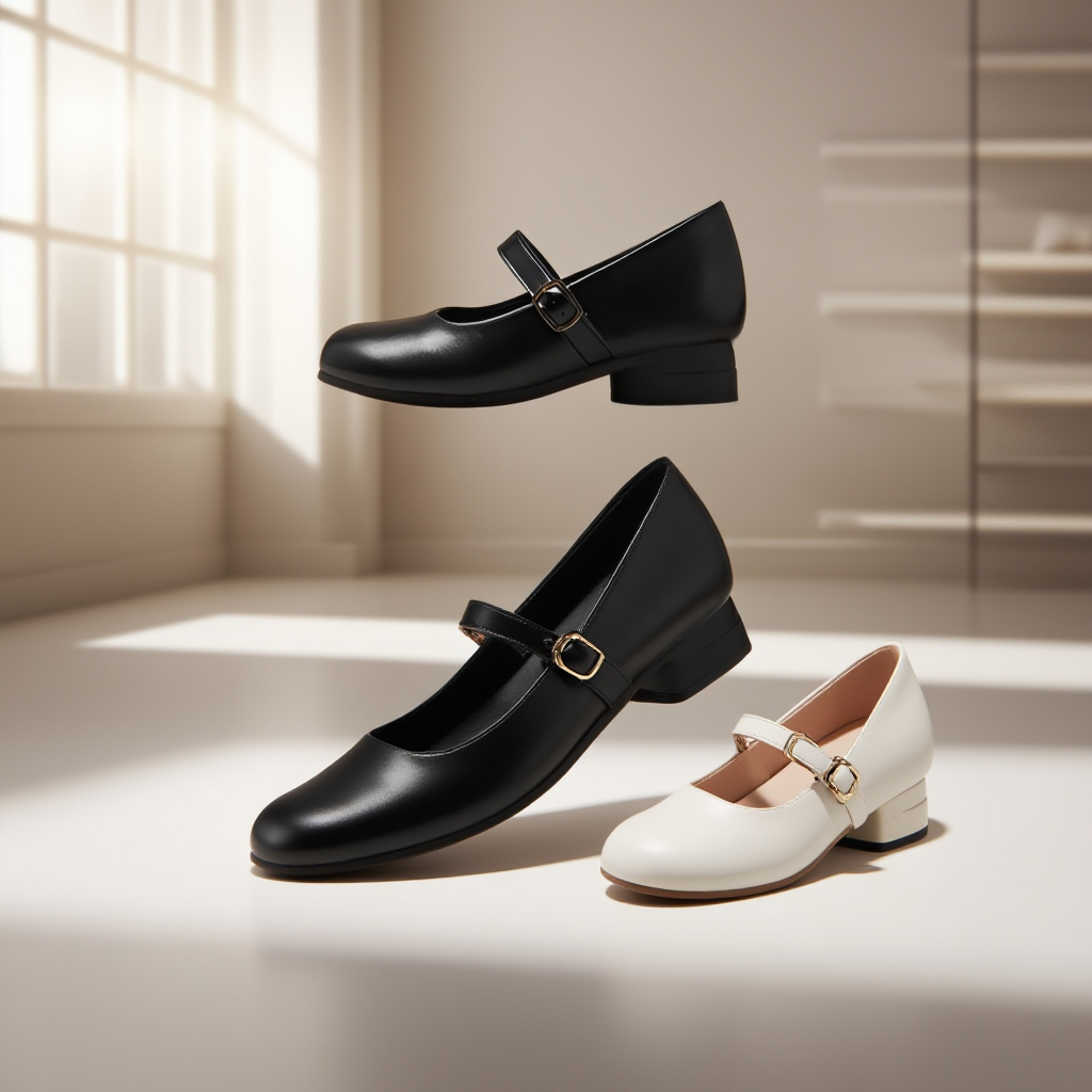 一文字ストラップ付きラウンドトゥインヒールマリージェーンシューズ