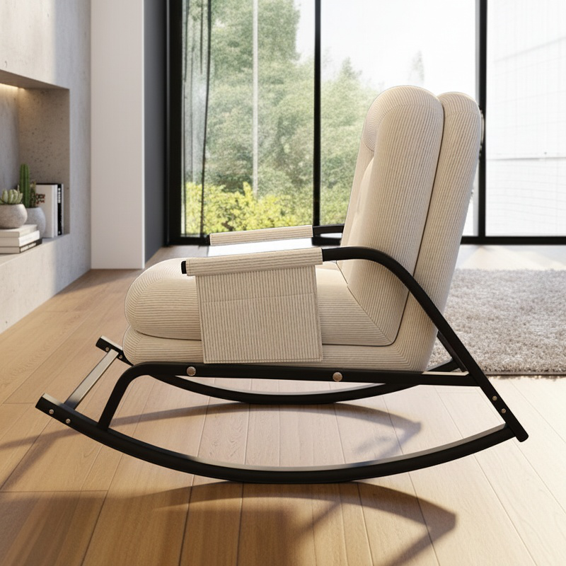 Stylish single rocking chair on a balcony with plants