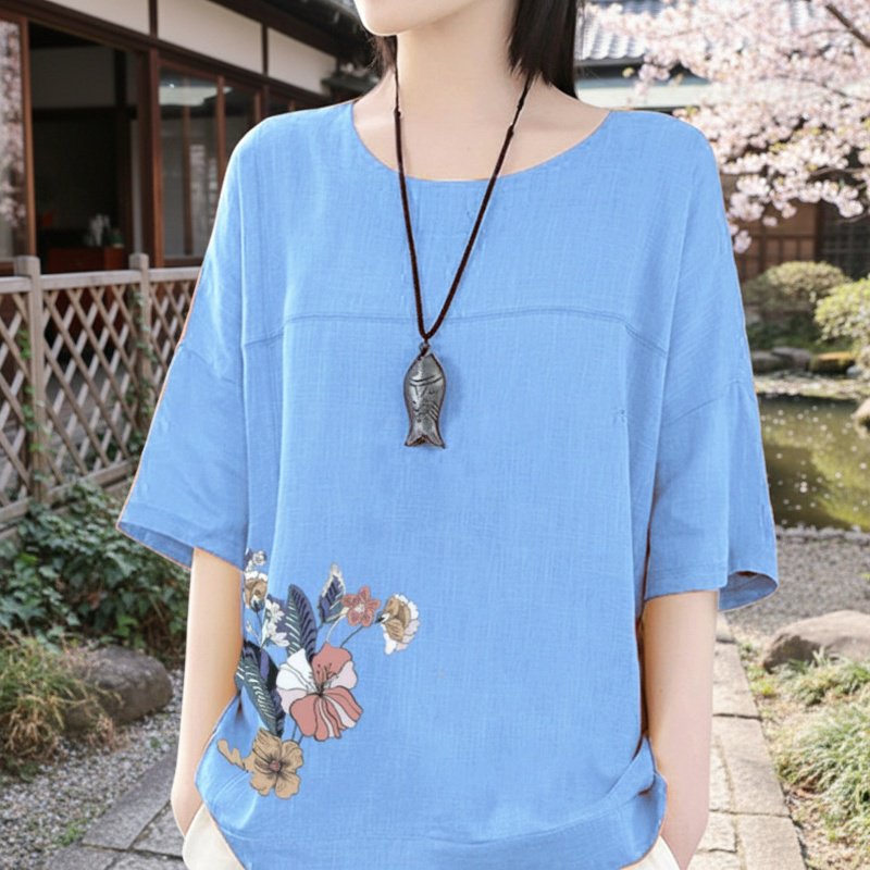 夏の文学風無地カジュアル半袖コットンリネンルーズベースシャツプラスサイズレディースTシャツ